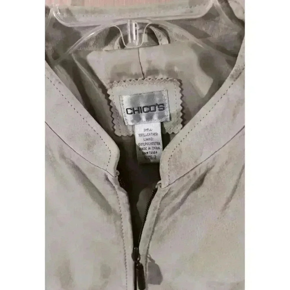 CHICO'S (2 -M) Women's Suede Leather Jacket Cream Color Full Zip Front Poly Crop - Picture 2 of 8